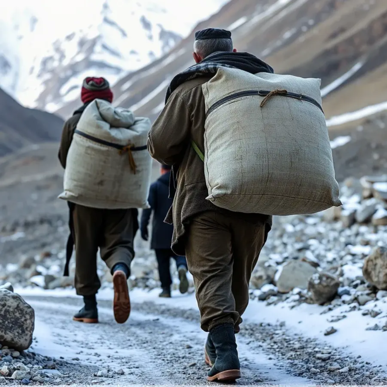 Mineurs afghans transportant le minerai à la main © Rémi Bornet