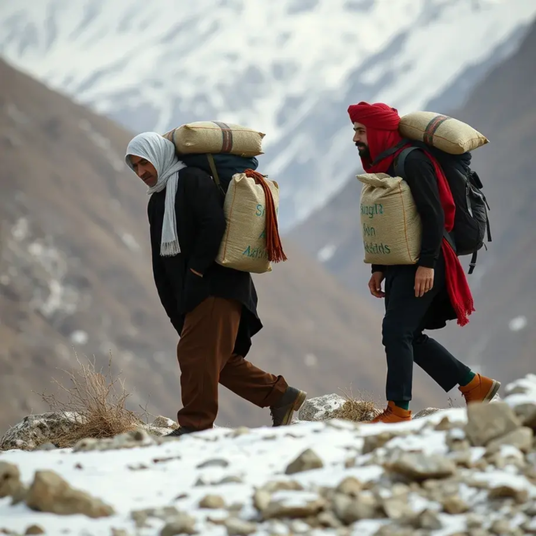 Mineurs afghans transportant le minerai à la main © Rémi Bornet