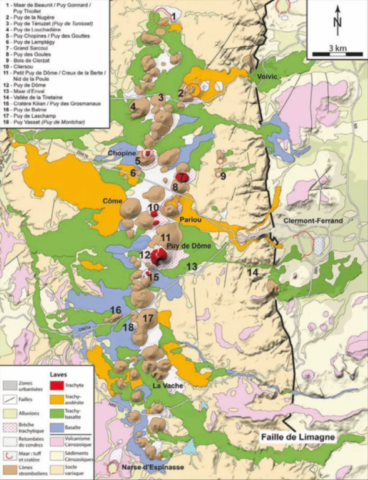 Carte géologique de la Chaîne des Puys d'après Portal & al (2016)