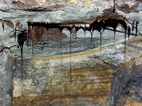 Bitumen dripping from a fracture - Mines des Rois, Dallet, France